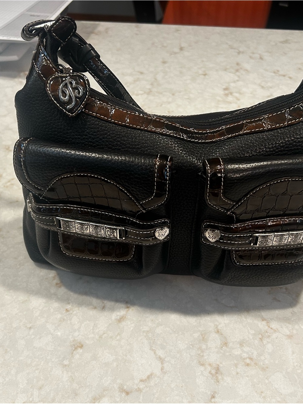 Vintage Brighton Black & Brown Leather Shoulder Bag Embossed Y2K